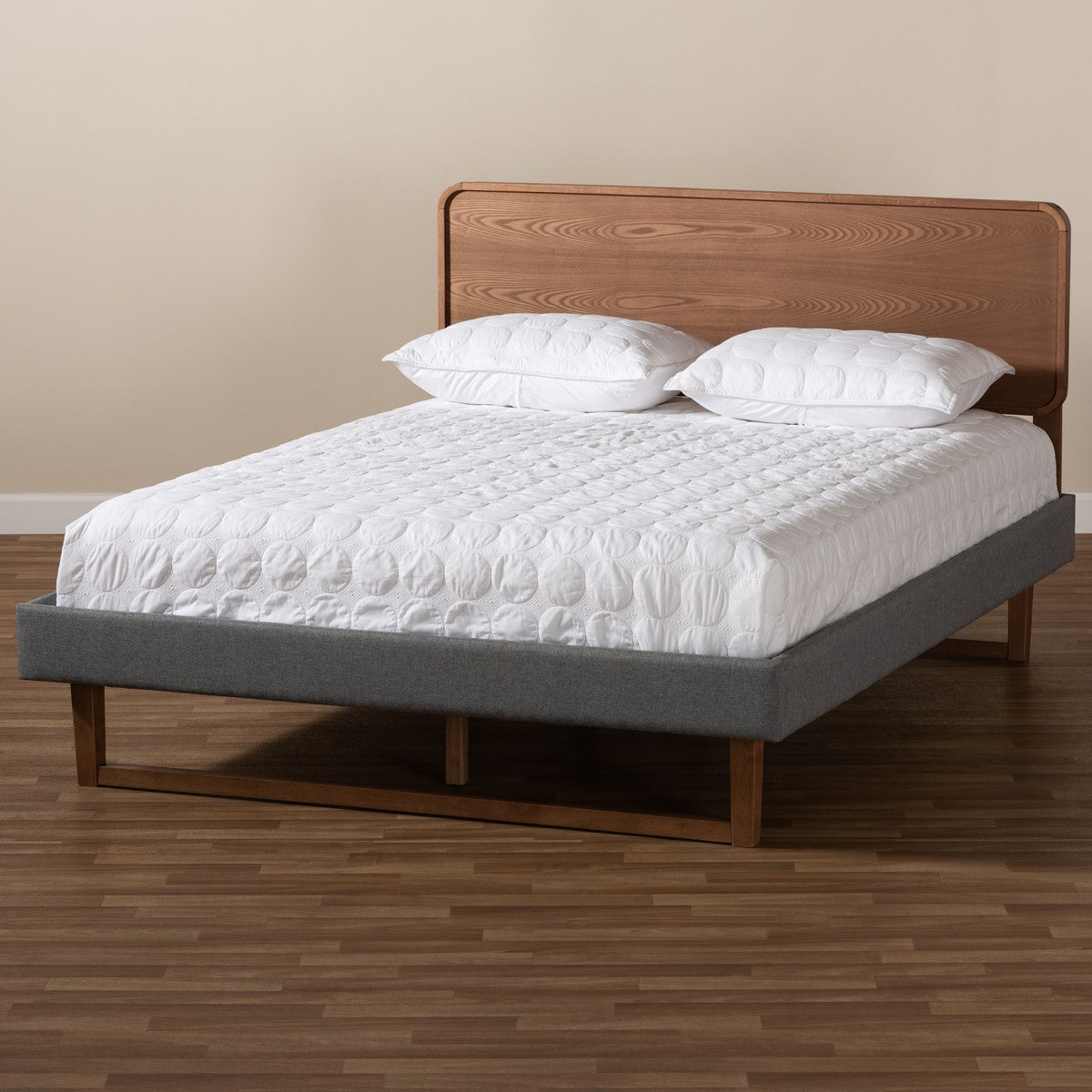 Baxton Studio Ayla Mid-Century Modern Dark Grey Fabric Upholstered Walnut Brown Finished Wood Queen Size Platform Bed