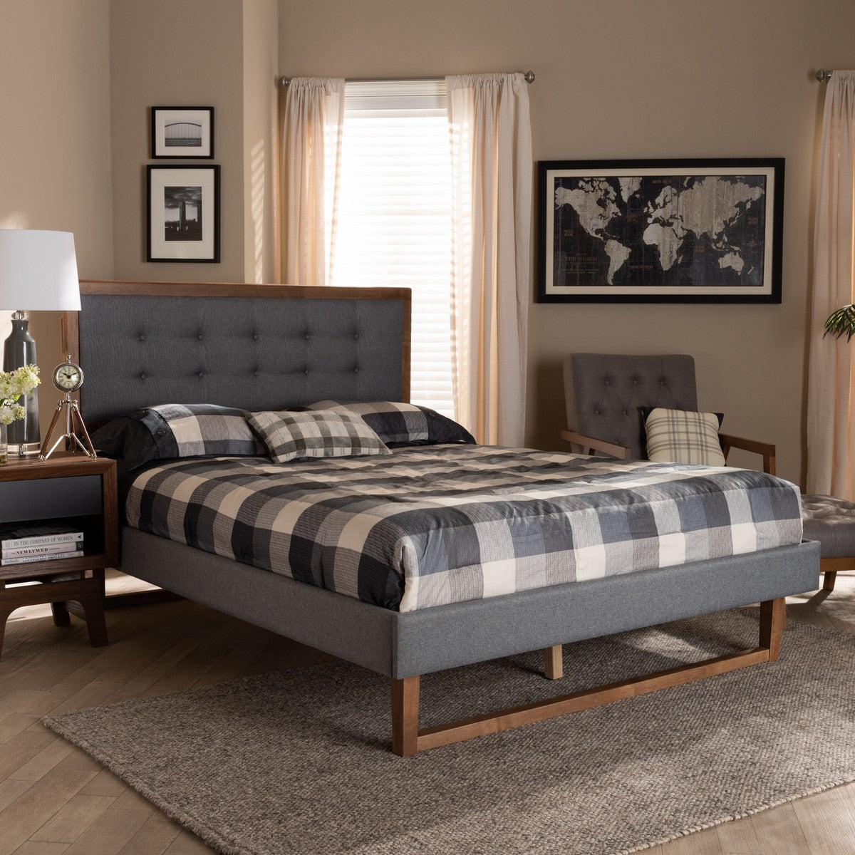 Baxton Studio Emele Modern Transitional Dark Grey Fabric Upholstered and Ash Walnut Brown Finished Wood Full Size Platform Bed