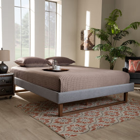 Baxton Studio Liliya Mid-Century Modern Light Grey Fabric Upholstered Walnut Brown Finished Wood King Size Platform Bed Frame