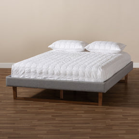 Baxton Studio Liliya Mid-Century Modern Light Grey Fabric Upholstered Walnut Brown Finished Wood Full Size Platform Bed Frame