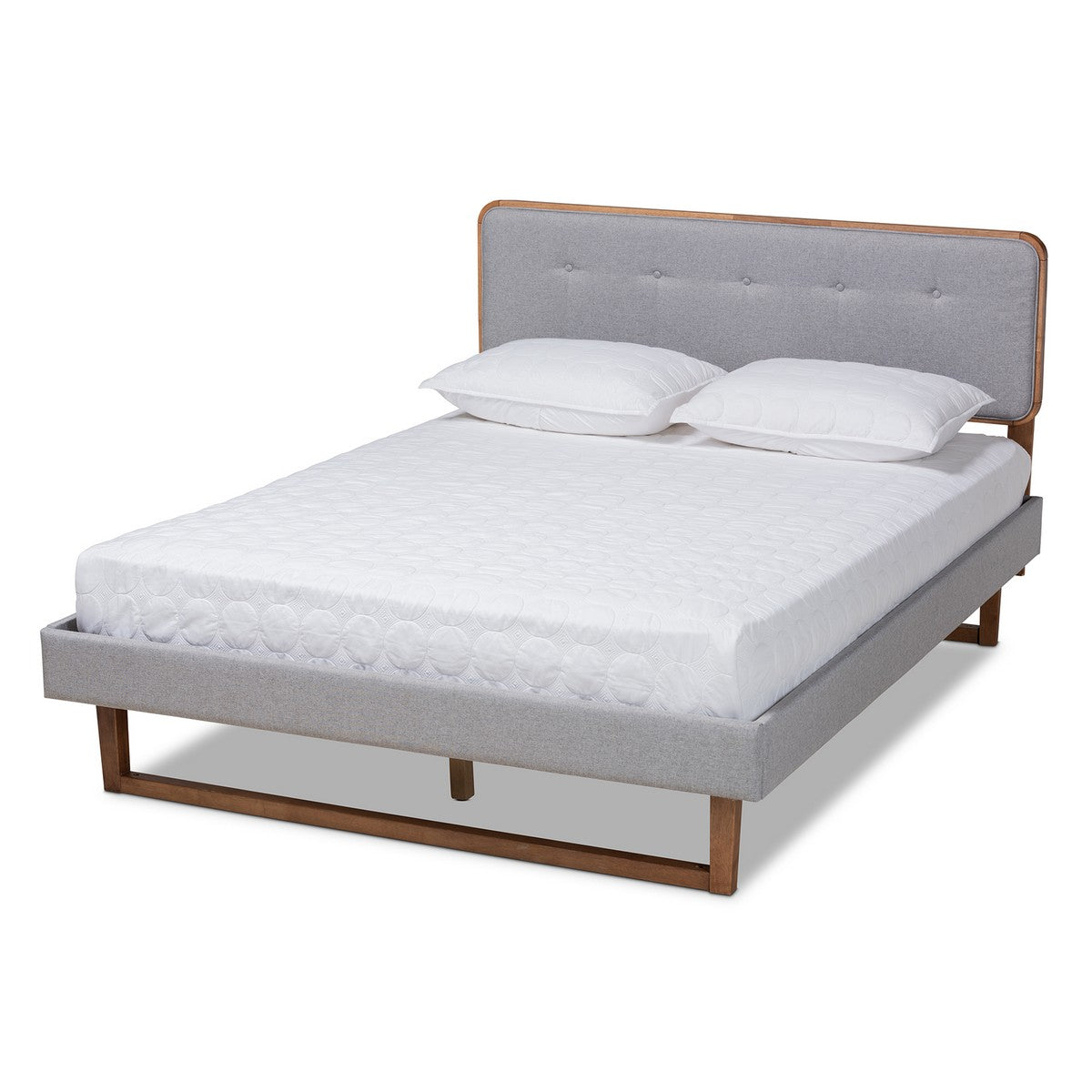 Baxton Studio Sofia Mid-Century Modern Light Grey Fabric Upholstered and Ash Walnut Finished Wood Queen Size Platform Bed Baxton Studio-beds-Minimal And Modern - 1