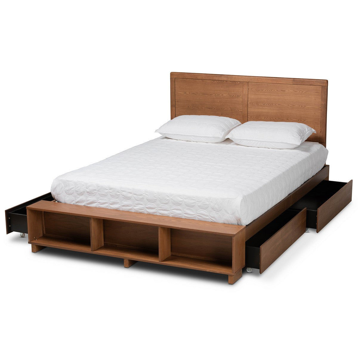 Baxton Studio Tamsin Modern Transitional Ash Walnut Brown Finished Wood Full Size 4-Drawer Platform Storage Bed with Built-In Shelves