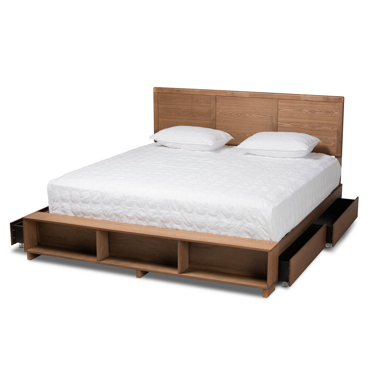 Baxton Studio Tamsin Modern Transitional Ash Walnut Brown Finished Wood King Size 4-Drawer Platform Storage Bed with Built-In Shelves