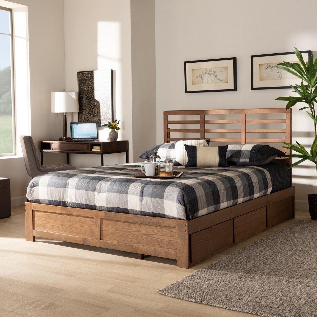 Baxton Studio Piera Modern and Contemporary Transitional Ash Walnut Brown Finished Wood Queen Size 3-Drawer Platform Storage Bed