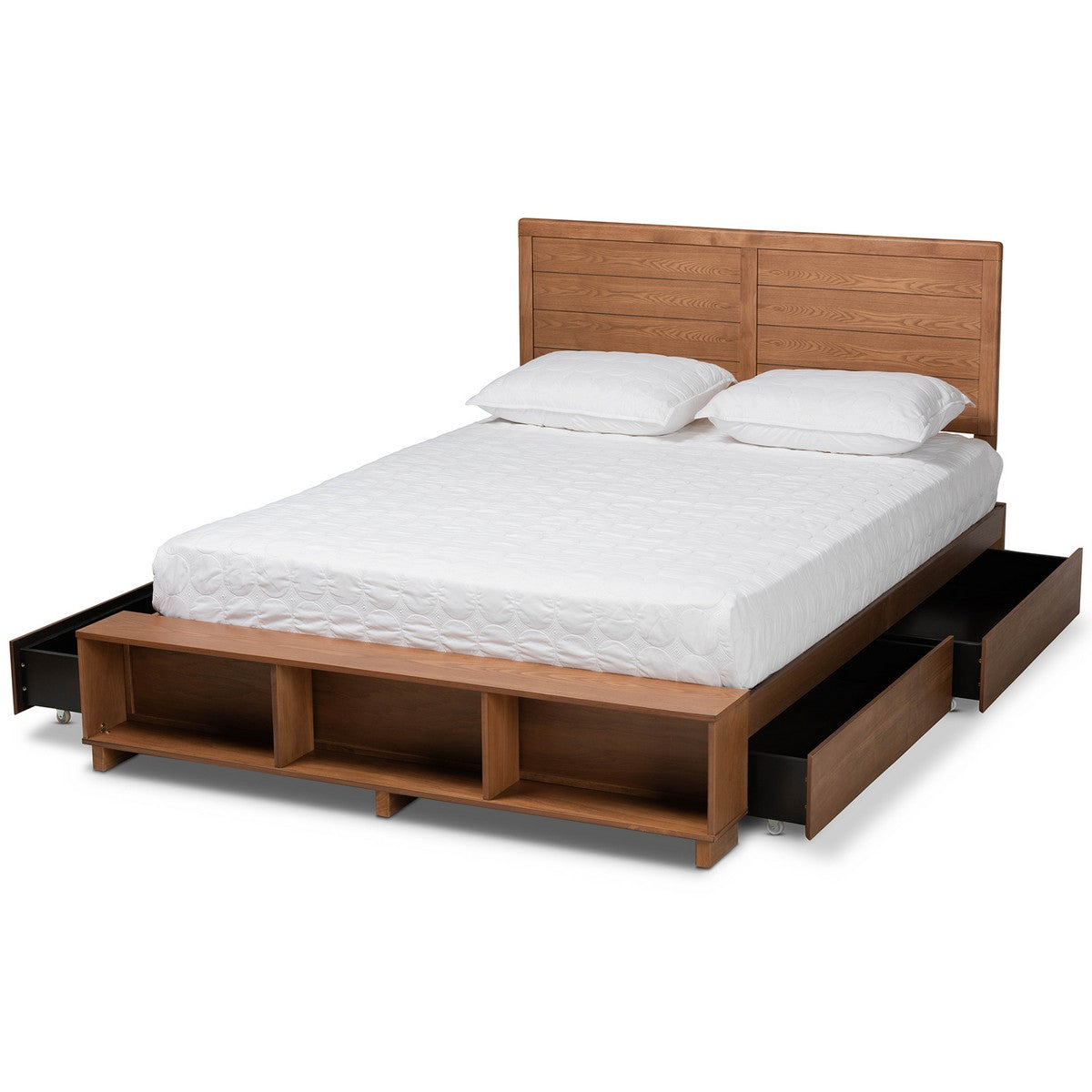 Baxton Studio Alba Modern Transitional Ash Walnut Brown Finished Wood Full Size 4-Drawer Platform Storage Bed with Built-In Shelves