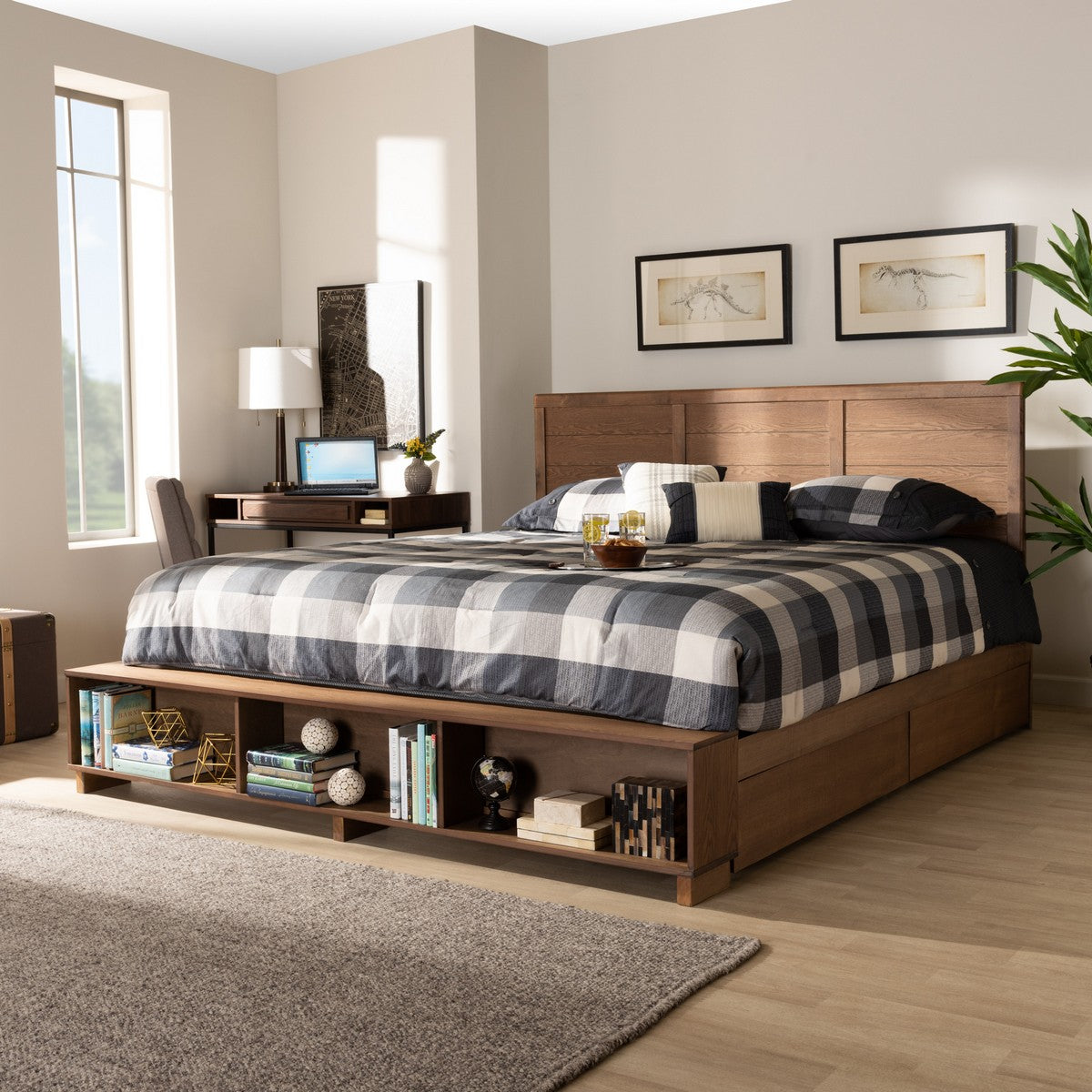 Baxton Studio Alba Modern Transitional Ash Walnut Brown Finished Wood King Size 4-Drawer Platform Storage Bed with Built-In Shelves