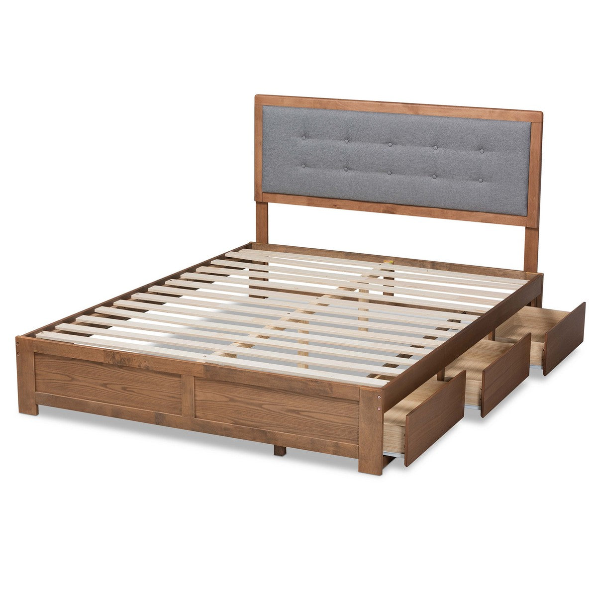 Baxton Studio Lene Modern and Contemporary Transitional Dark Grey Fabric Upholstered and Ash Walnut Brown Finished Wood King Size 3-Drawer Platform Storage Bed
