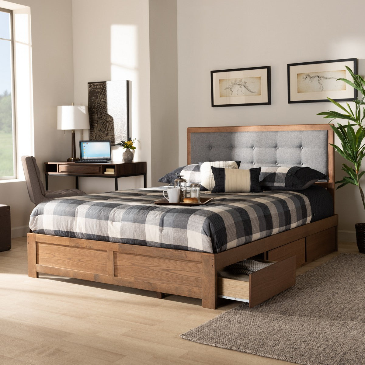 Baxton Studio Lene Modern and Contemporary Transitional Dark Grey Fabric Upholstered and Ash Walnut Brown Finished Wood King Size 3-Drawer Platform Storage Bed
