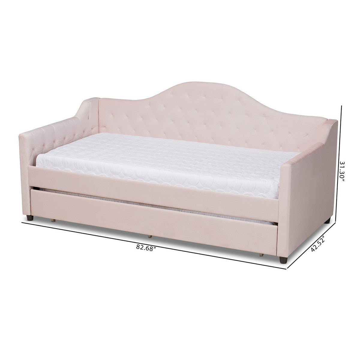 Baxton Studio Perry Modern and Contemporary Light Pink Velvet Fabric Upholstered and Button Tufted Twin Size Daybed with Trundle