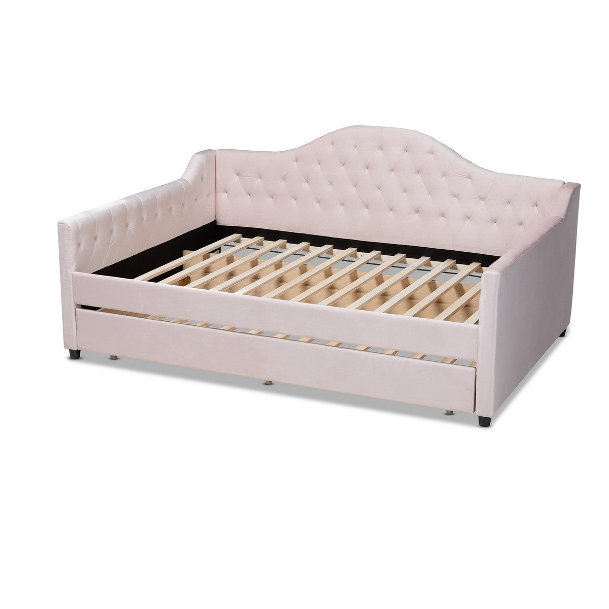 Baxton Studio Perry Modern and Contemporary Light Pink Velvet Fabric Upholstered and Button Tufted Full Size Daybed with Trundle