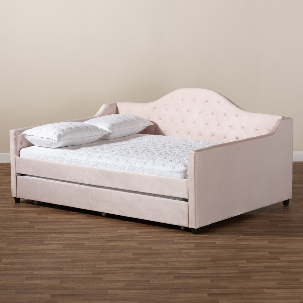 Baxton Studio Perry Modern and Contemporary Light Pink Velvet Fabric Upholstered and Button Tufted Queen Size Daybed with Trundle