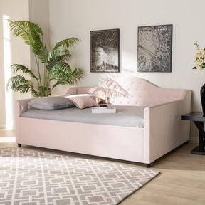 Baxton Studio Perry Modern and Contemporary Light Pink Velvet Fabric Upholstered and Button Tufted Full Size Daybed