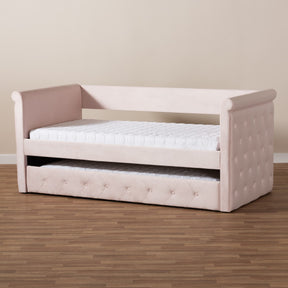 Baxton Studio Amaya Modern and Contemporary Light Pink Velvet Fabric Upholstered Twin Size Daybed with Trundle