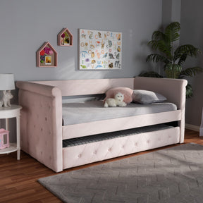 Baxton Studio Amaya Modern and Contemporary Light Pink Velvet Fabric Upholstered Twin Size Daybed with Trundle