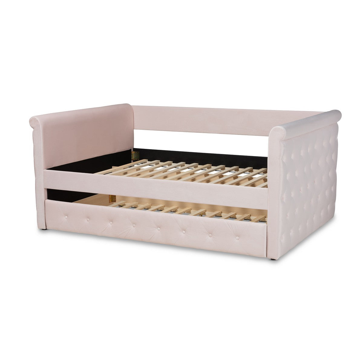 Baxton Studio Amaya Modern and Contemporary Light Pink Velvet Fabric Upholstered Queen Size Daybed with Trundle