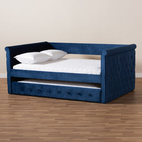 Baxton Studio Amaya Modern and Contemporary Navy Blue Velvet Fabric Upholstered Queen Size Daybed with Trundle