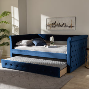 Baxton Studio Amaya Modern and Contemporary Navy Blue Velvet Fabric Upholstered Full Size Daybed with Trundle