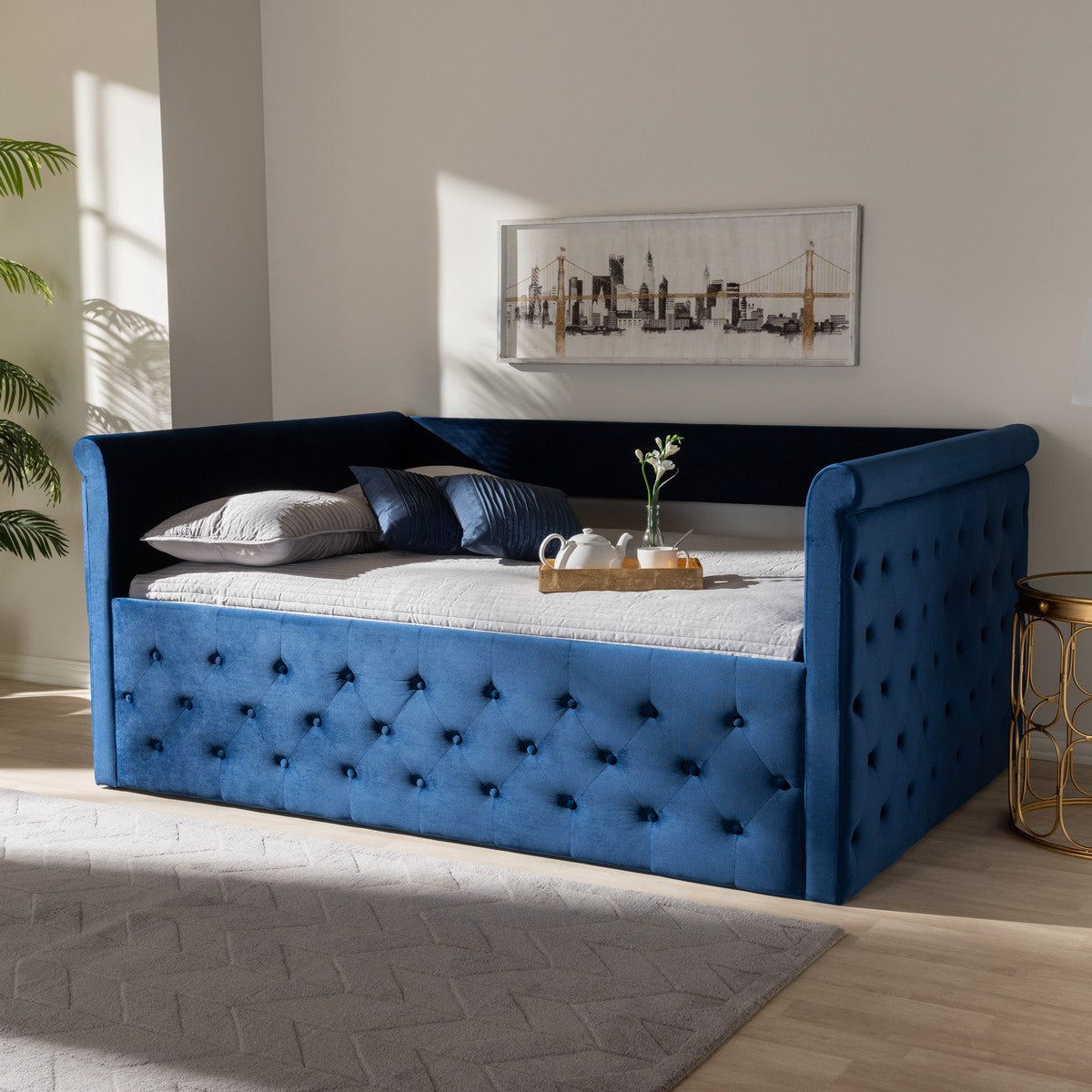 Baxton Studio Amaya Modern and Contemporary Navy Blue Velvet Fabric Upholstered Full Size Daybed