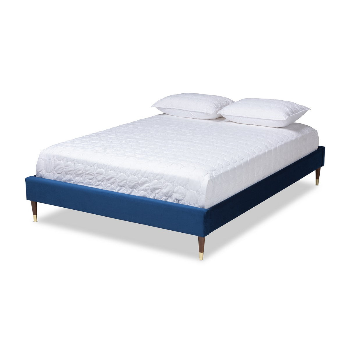 Baxton Studio Volden Glam and Luxe Navy Blue Velvet Fabric Upholstered Queen Size Wood Platform Bed Frame with Gold-Tone Leg Tips Baxton Studio-Bed Frames-Minimal And Modern - 1