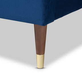 Baxton Studio Volden Glam and Navy Blue Velvet Fabric Upholstered King Size Wood Platform Bed Frame with Gold-Tone Leg Tips