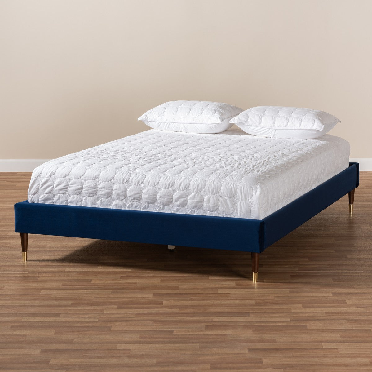 Baxton Studio Volden Glam and Luxe Navy Blue Velvet Fabric Upholstered Full Size Wood Platform Bed Frame with Gold-Tone Leg Tips