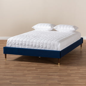 Baxton Studio Volden Glam and Navy Blue Velvet Fabric Upholstered King Size Wood Platform Bed Frame with Gold-Tone Leg Tips