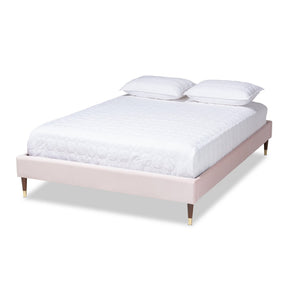 Baxton Studio Volden Glam and Luxe Light Pink Velvet Fabric Upholstered King Size Wood Platform Bed Frame with Gold-Tone Leg Tips Baxton Studio-Bed Frames-Minimal And Modern - 1