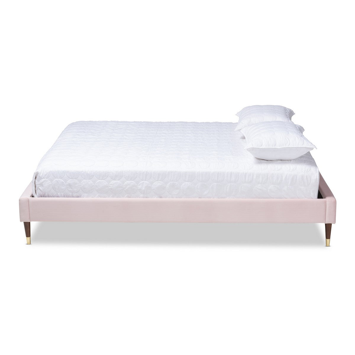Baxton Studio Volden Glam and Luxe Light Pink Velvet Fabric Upholstered Queen Size Wood Platform Bed Frame with Gold-Tone Leg Tips
