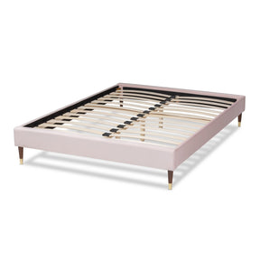 Baxton Studio Volden Glam and Luxe Light Pink Velvet Fabric Upholstered Queen Size Wood Platform Bed Frame with Gold-Tone Leg Tips