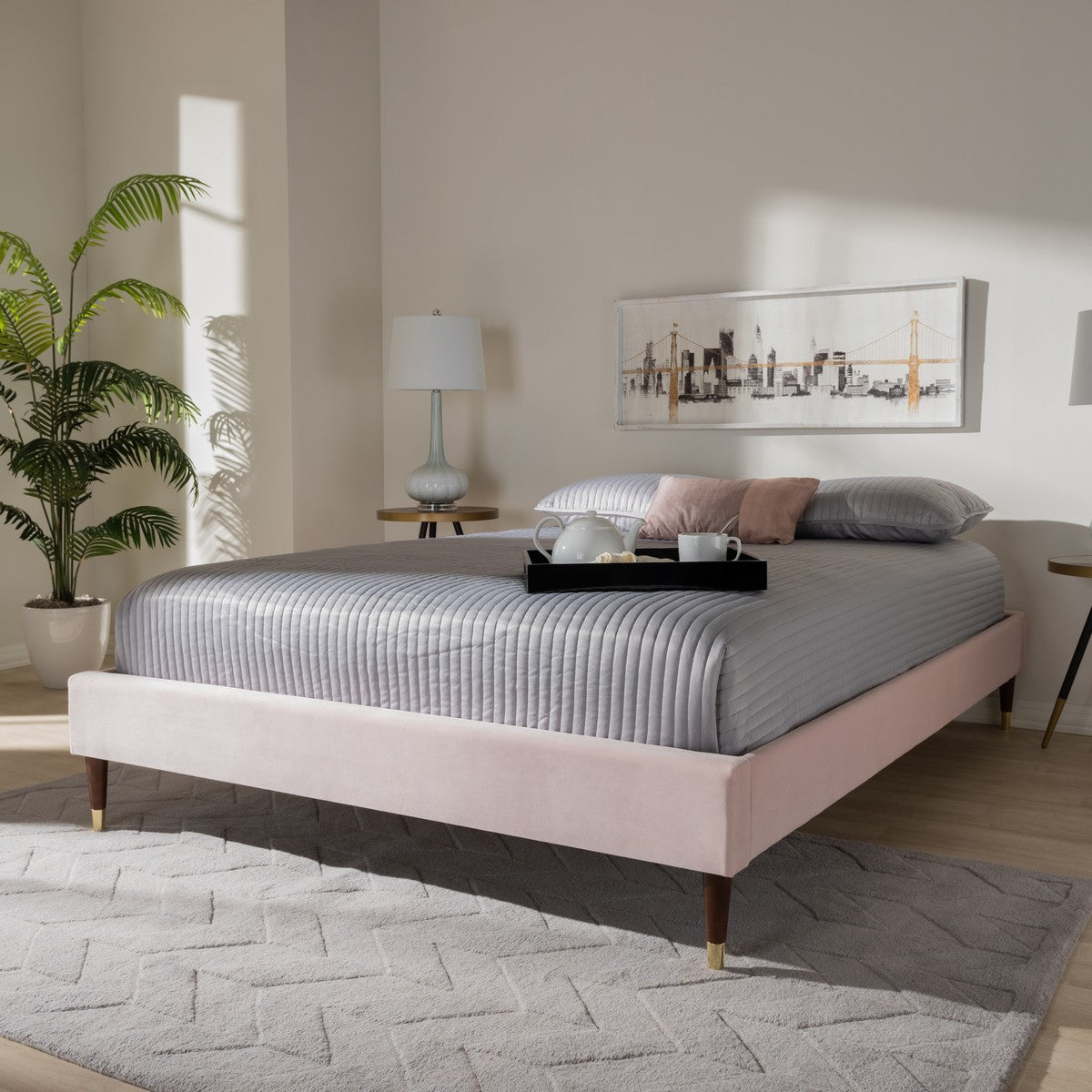 Baxton Studio Volden Glam and Luxe Light Pink Velvet Fabric Upholstered King Size Wood Platform Bed Frame with Gold-Tone Leg Tips