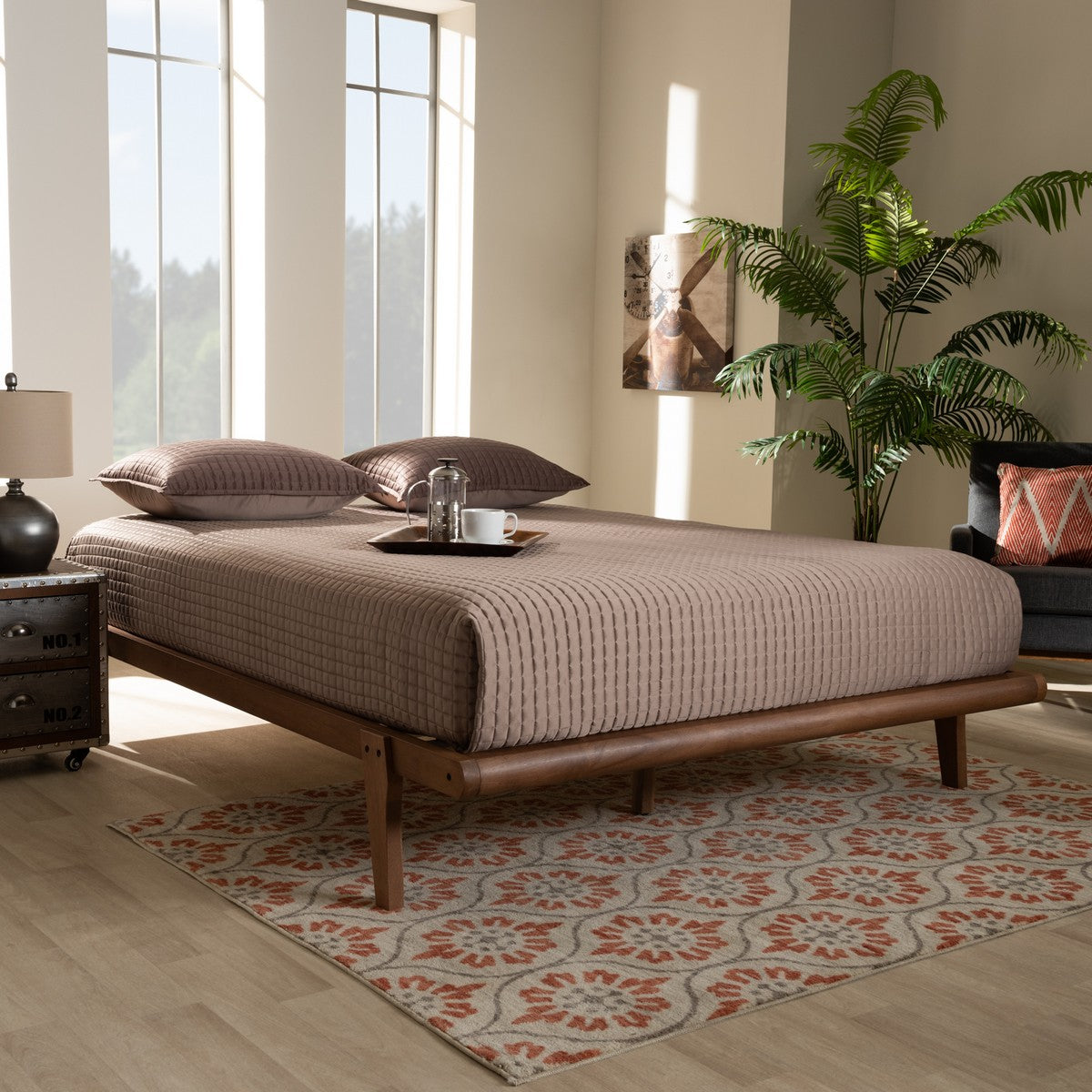 Baxton Studio Kaia Mid-Century Modern Walnut Brown Finished Wood Queen Size Platform Bed Frame