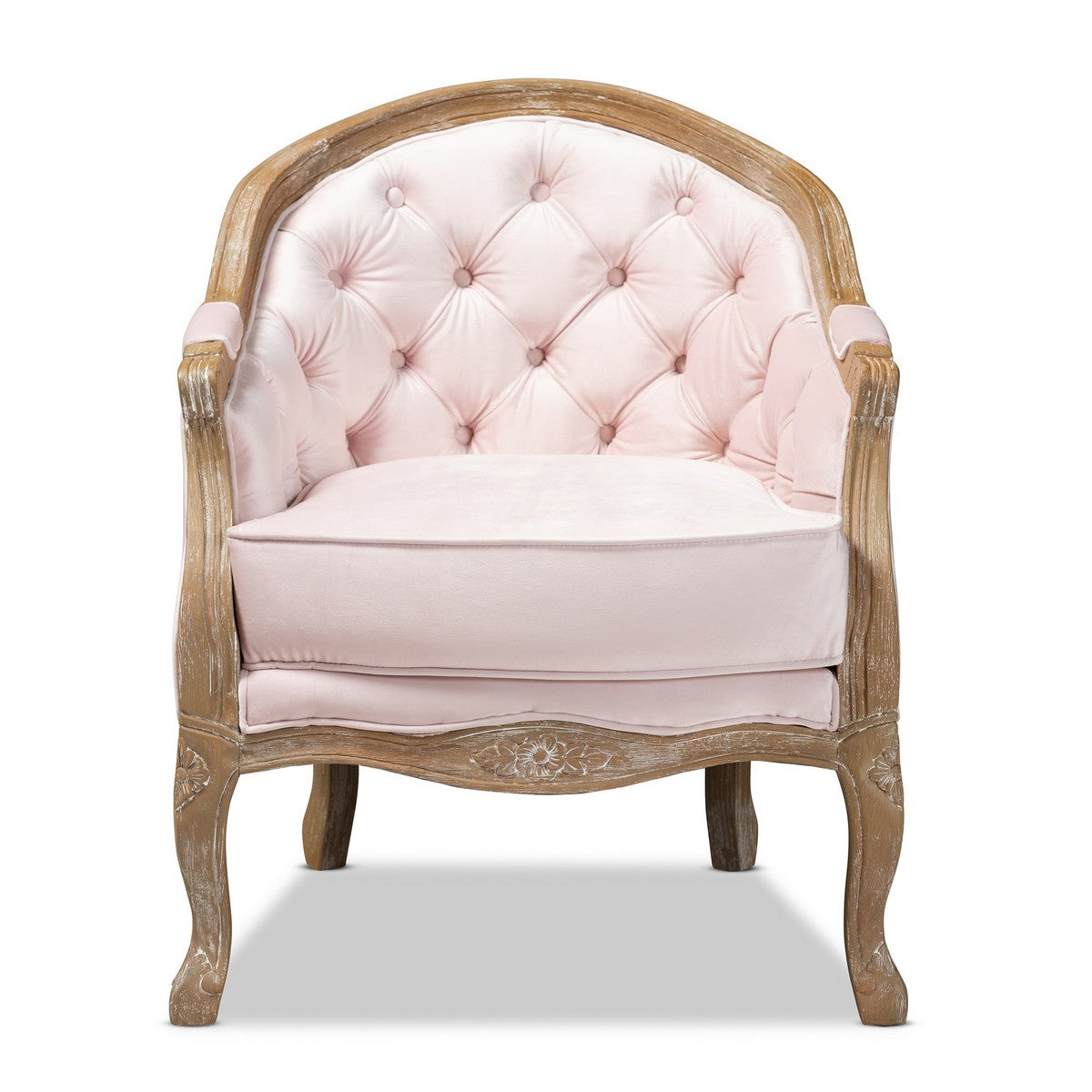 Baxton Studio Genevieve Traditional French Provincial Light Pink Velvet Upholstered White-Washed Oak Wood Armchair Baxton Studio-chairs-Minimal And Modern - 1