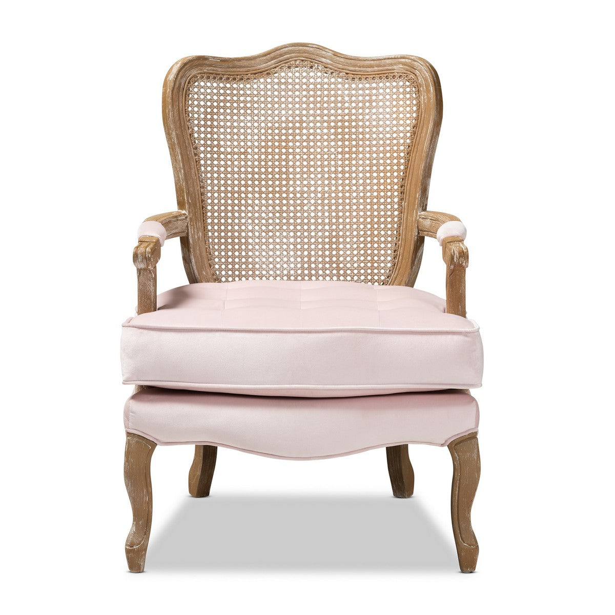 Baxton Studio Vallea Traditional French Provincial Light Pink Velvet Fabric Upholstered White-Washed Oak Wood Armchair Baxton Studio-chairs-Minimal And Modern - 1