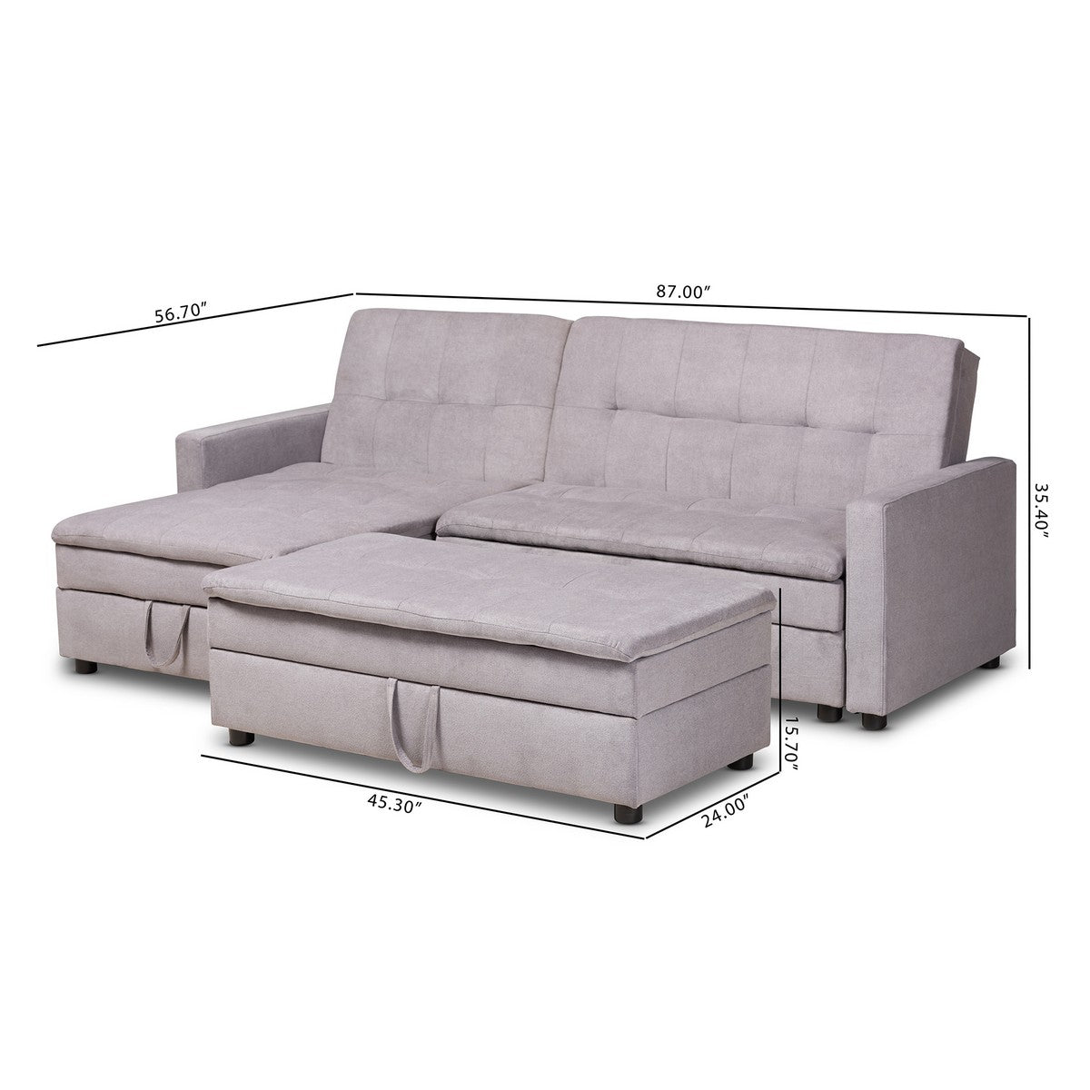 Baxton Studio Noa Modern and Contemporary Light Grey Fabric Upholstered Left Facing Storage Sectional Sleeper Sofa with Ottoman