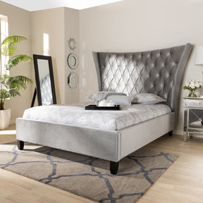 Baxton Studio Viola Glam and Luxe Grey Velvet Fabric Upholstered and Button Tufted Queen Size Platform Bed with Tall Wingback Headboard