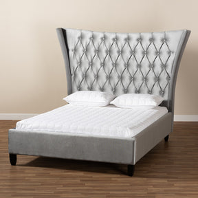 Baxton Studio Viola Glam and Luxe Grey Velvet Fabric Upholstered and Button Tufted Queen Size Platform Bed with Tall Wingback Headboard