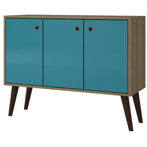 Manhattan Comfort  Bromma 35.43" Buffet Stand with 3 Shelves and 3 Doors in Oak and Aqua Manhattan Comfort-End Table - - 1
