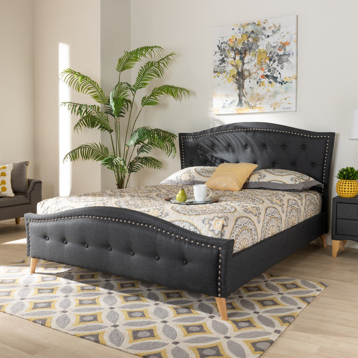 Baxton Studio Felisa Modern and Contemporary Charcoal Grey Fabric Upholstered and Button Tufted King Size Platform Bed