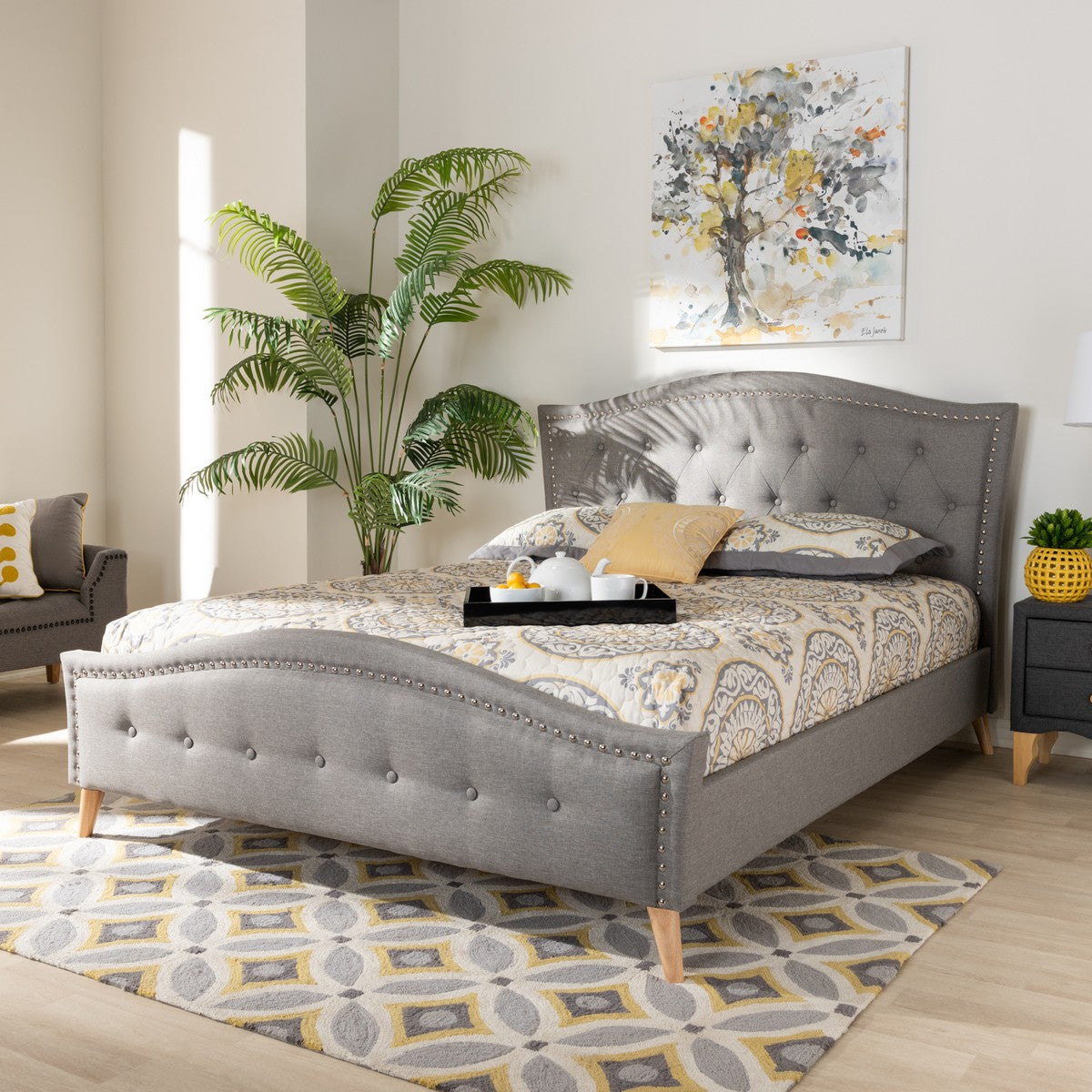 Baxton Studio Felisa Modern and Contemporary Grey Fabric Upholstered and Button Tufted King Size Platform Bed