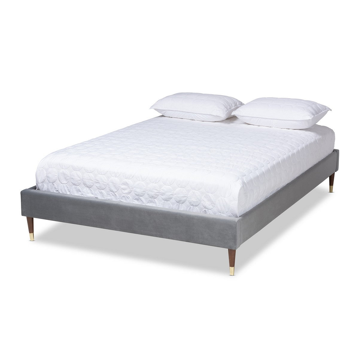 Baxton Studio Volden Glam and Luxe Charcoal Velvet Fabric Upholstered Queen Size Wood Platform Bed Frame with Gold-Tone Leg Tips Baxton Studio-Bed Frames-Minimal And Modern - 1