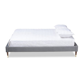 Baxton Studio Volden Glam and Luxe Charcoal Velvet Fabric Upholstered Queen Size Wood Platform Bed Frame with Gold-Tone Leg Tips