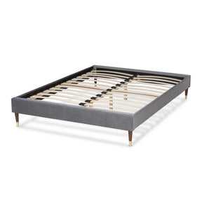 Baxton Studio Volden Glam and Luxe Charcoal Velvet Fabric Upholstered Full Size Wood Platform Bed Frame with Gold-Tone Leg Tips