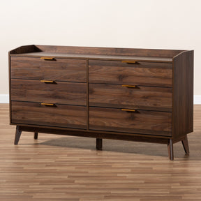 Baxton Studio Lena Mid-Century Modern Walnut Brown Finished 6-Drawer Wood Dresser