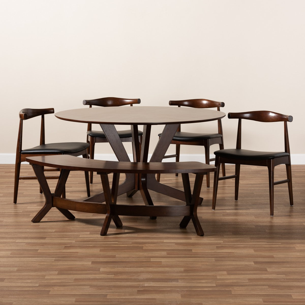 Baxton Studio Berlin Mid-Century Modern Black Faux Leather Upholstered Walnut Finished 6-Piece Wood Dining Set