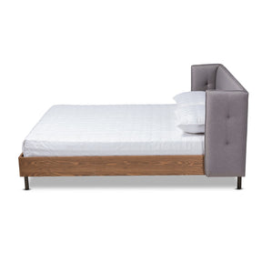 Baxton Studio Catarina Mid-Century Modern Grey Fabric Upholstered Walnut Finished Wood Queen Size Wingback Platform Bed