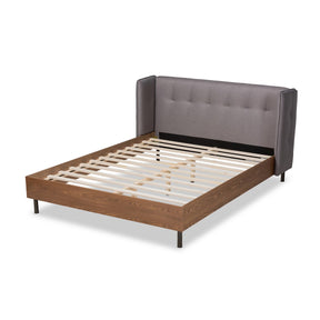 Baxton Studio Catarina Mid-Century Modern Grey Fabric Upholstered Walnut Finished Wood Queen Size Wingback Platform Bed