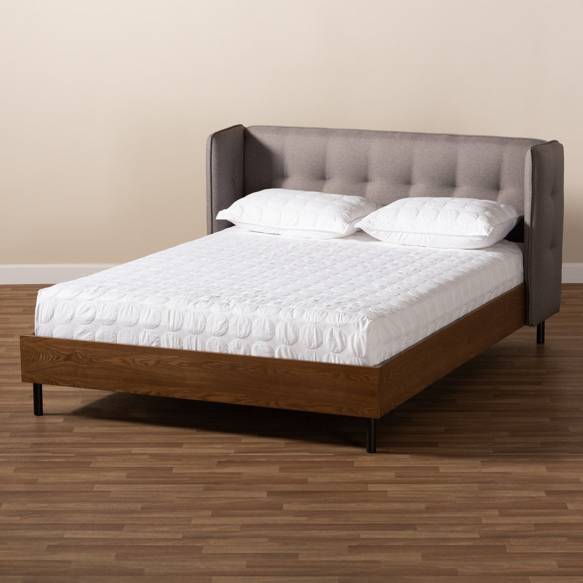 Baxton Studio Catarina Mid-Century Modern Grey Fabric Upholstered Walnut Finished Wood King Size Wingback Platform Bed