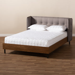 Baxton Studio Catarina Mid-Century Modern Grey Fabric Upholstered Walnut Finished Wood King Size Wingback Platform Bed