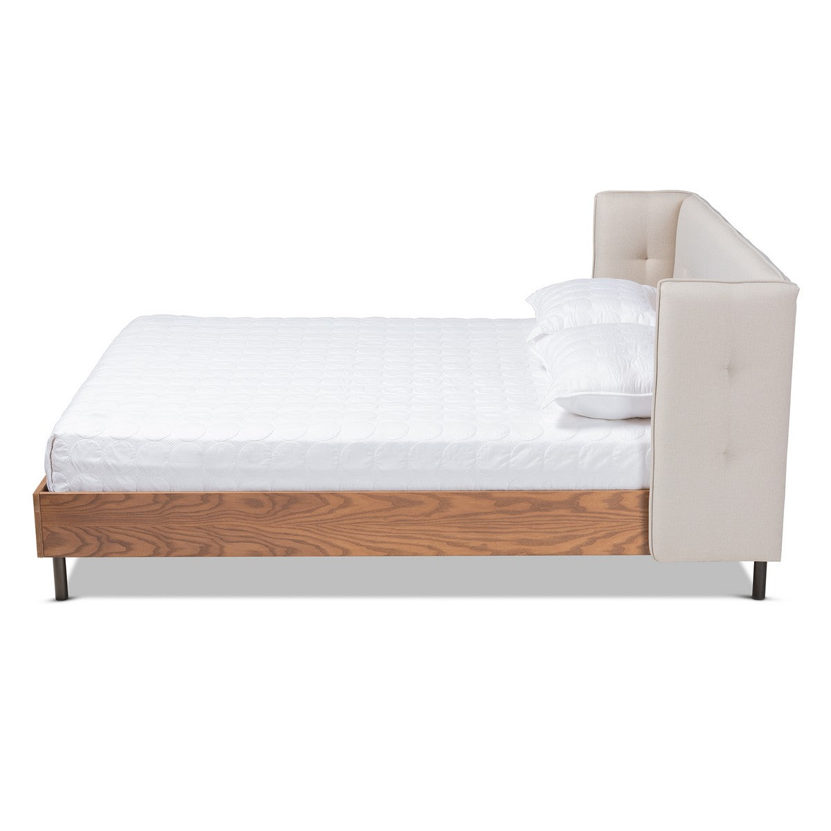 Baxton Studio Catarina Mid-Century Modern Light Beige Fabric Upholstered Walnut Finished Wood King Size Wingback Platform Bed