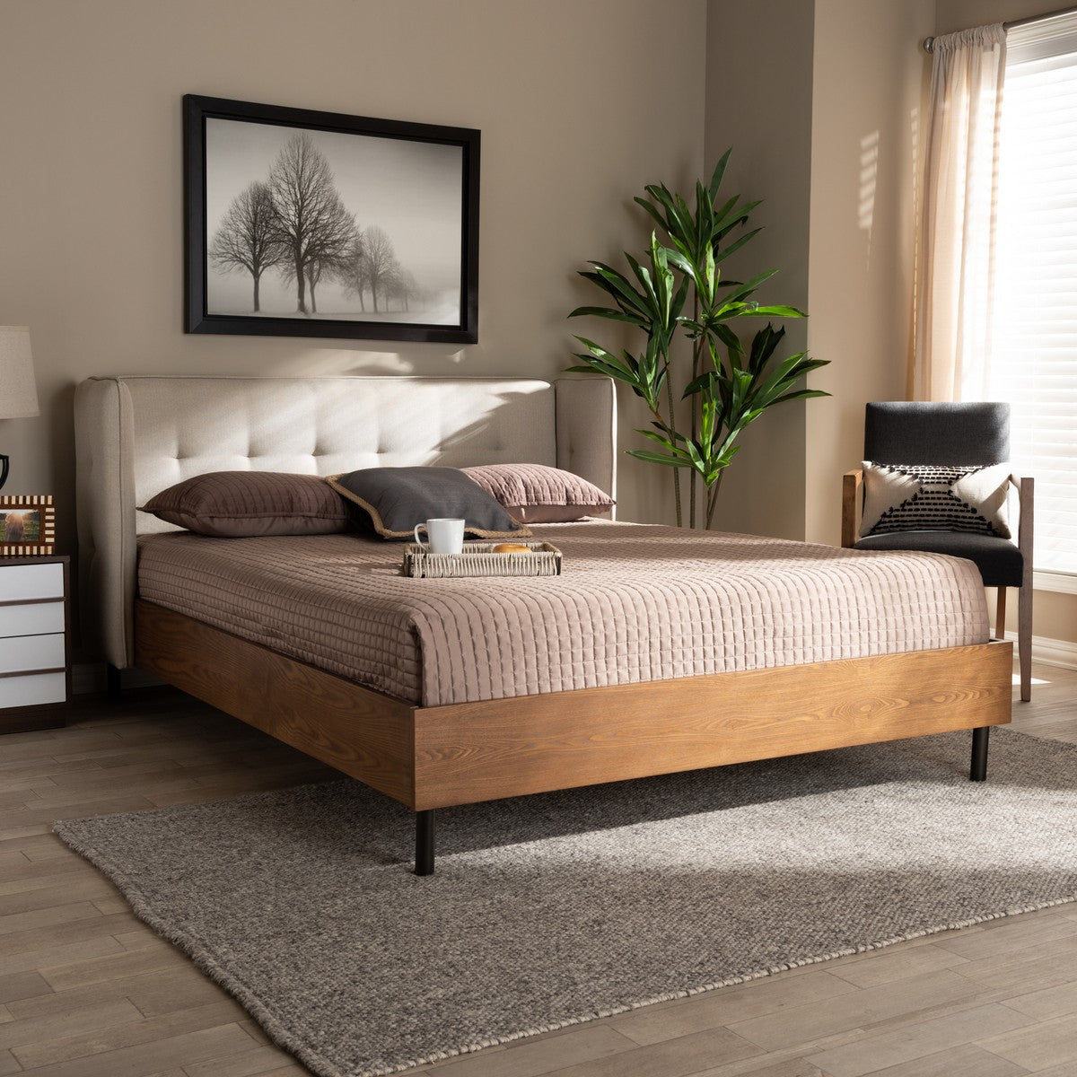 Baxton Studio Catarina Mid-Century Modern Light Beige Fabric Upholstered Walnut Finished Wood Queen Size Wingback Platform Bed